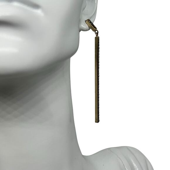 Black & Gold Linear Drop Earring - Slender Minimalist Design with Inset Crystals - Picture 6 of 6